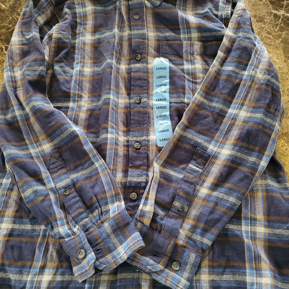 Eddie Bauer Navy and Yellow Plaid Button Down Shirt Large Nwt